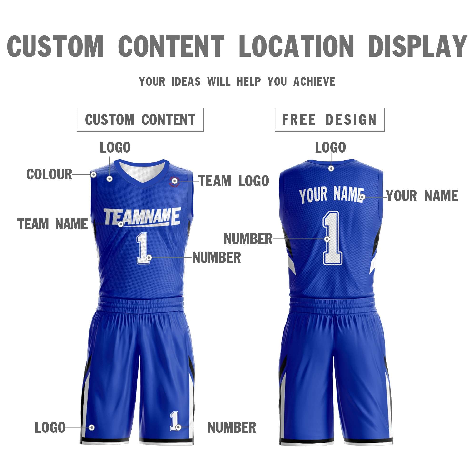 royal and white reversible basketball jersey content location display for school team