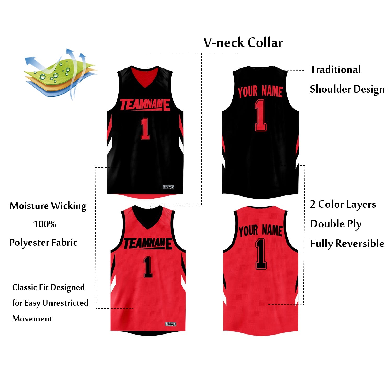 Custom Black Red  Double Side Tops Athletic Basketball Jersey