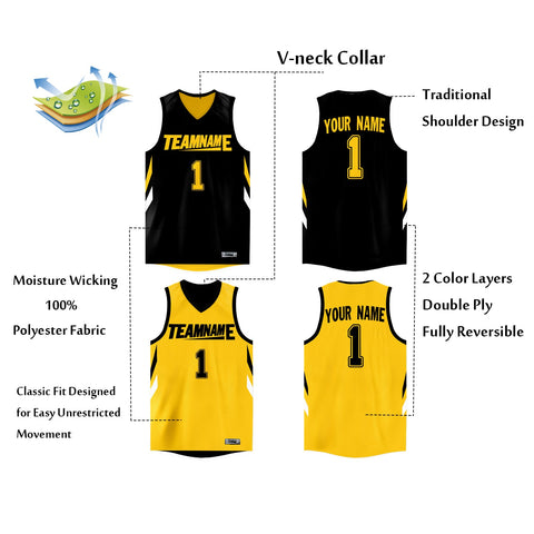 Custom Black Yellow  Double Side Tops Athletic Basketball Jersey