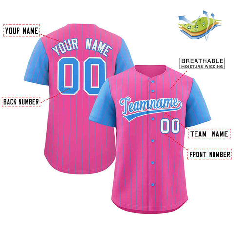 Custom Pink Powder Blue-White Stripe Fashion Raglan Sleeves Authentic Baseball Jersey