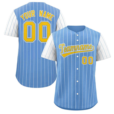 Custom Light Blue Gold-White Stripe Fashion Raglan Sleeves Authentic Baseball Jersey