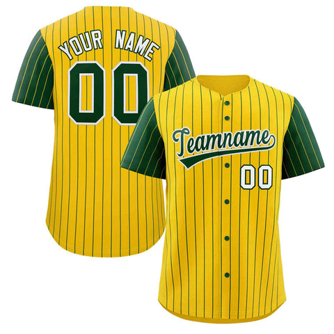 Custom Gold Green-White Stripe Fashion Raglan Sleeves Authentic Baseball Jersey