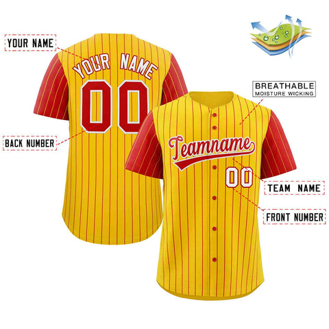 Custom Gold Red-White Stripe Fashion Raglan Sleeves Authentic Baseball Jersey