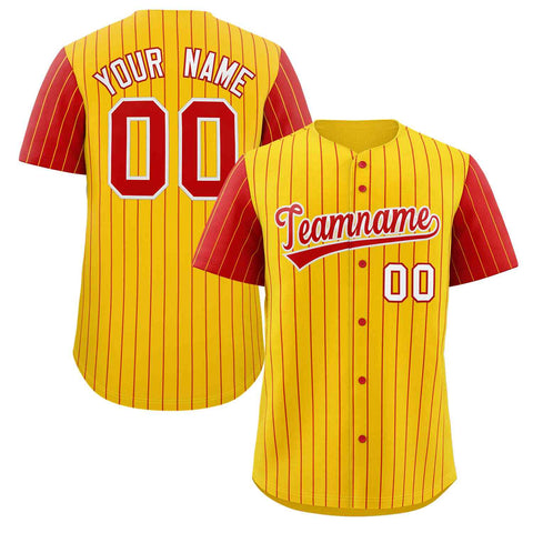 Custom Gold Red-White Stripe Fashion Raglan Sleeves Authentic Baseball Jersey