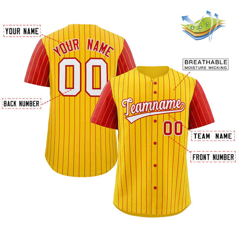 Custom Gold White-Red Stripe Fashion Raglan Sleeves Authentic Baseball Jersey