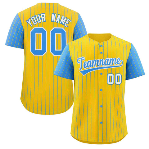 Custom Gold Powder Blue-White Stripe Fashion Raglan Sleeves Authentic Baseball Jersey