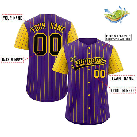 Custom Purple Black-Gold Stripe Fashion Raglan Sleeves Authentic Baseball Jersey