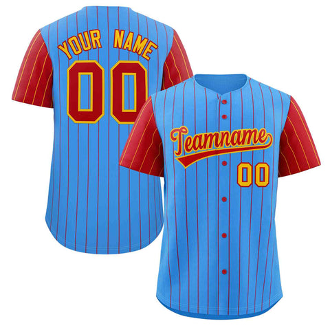 Custom Powder Blue Yellow-Red Stripe Fashion Raglan Sleeves Authentic Baseball Jersey
