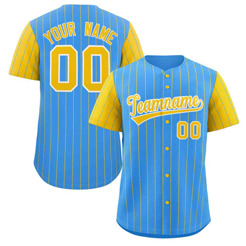Custom Powder Blue Gold-White Stripe Fashion Raglan Sleeves Authentic Baseball Jersey