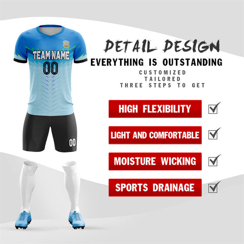 Custom Blue Light Blue-Black Soft Elasticity Soccer Sets Jersey