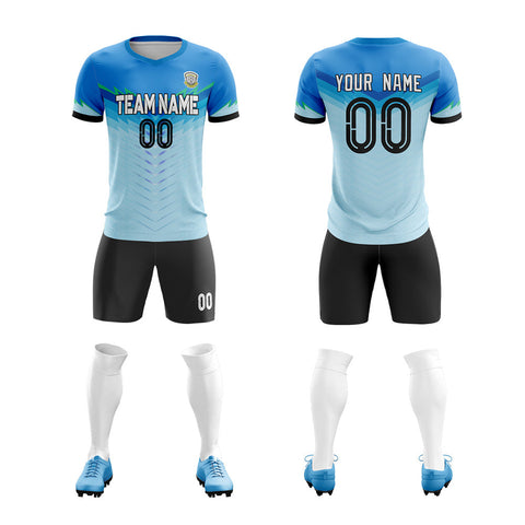 Custom Blue Light Blue-Black Soft Elasticity Soccer Sets Jersey