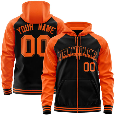 Custom Stitched Black Orange Raglan Sleeves Sports Full-Zip Sweatshirt Hoodie