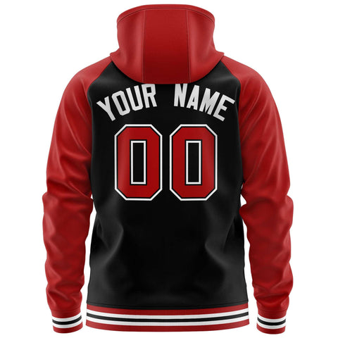 Custom Stitched Black Red Raglan Sleeves Sports Full-Zip Sweatshirt Hoodie
