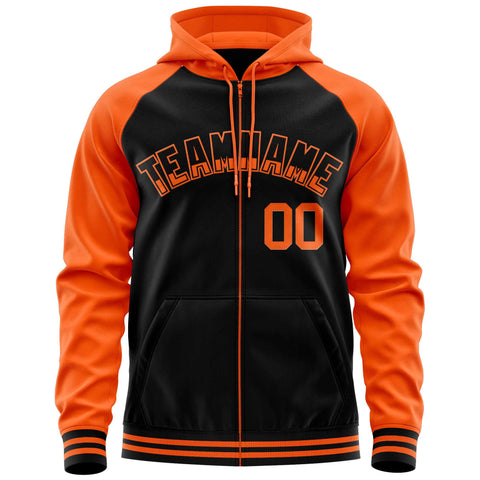 Custom Stitched Black Orange Raglan Sleeves Sports Full-Zip Sweatshirt Hoodie