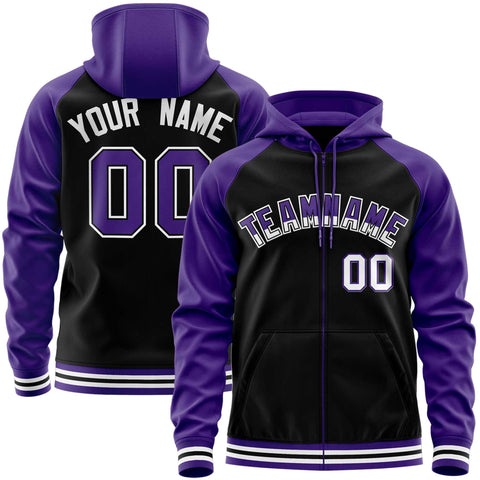 Custom Stitched Black Purple Raglan Sleeves Sports Full-Zip Sweatshirt Hoodie