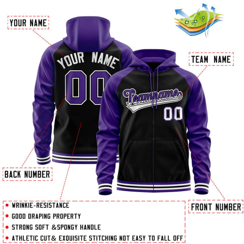 Custom Stitched Black Purple Raglan Sleeves Sports Full-Zip Sweatshirt Hoodie
