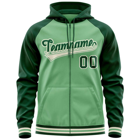 Custom Stitched Green Raglan Sleeves Sports Full-Zip Sweatshirt Hoodie