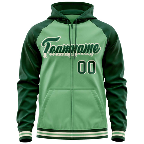 Custom Stitched Green Raglan Sleeves Sports Full-Zip Sweatshirt Hoodie