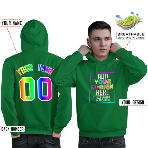 Custom Kelly Green Personalized Rainbow Color Font Team Pullover Sweatshirt Hoodie