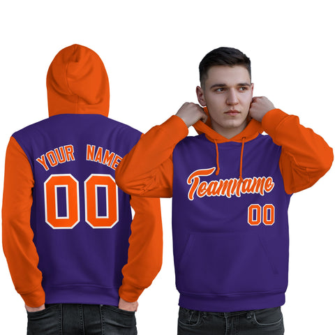 Custom Purple Orange-White Raglan Sleeves Pullover Personalized Sweatshirt Hoodie