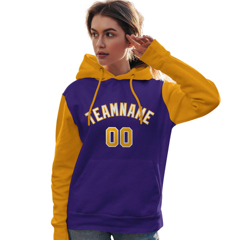 Custom Purple White-Gold Raglan Sleeves Pullover Personalized Team Sweatshirt Hoodie