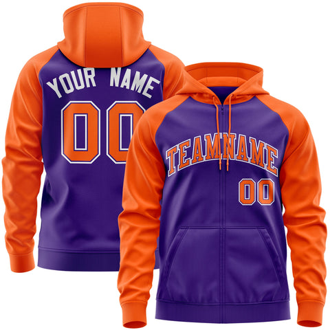 Custom Stitched Purple Orange Raglan Sleeves Sports Full-Zip Sweatshirt Hoodie