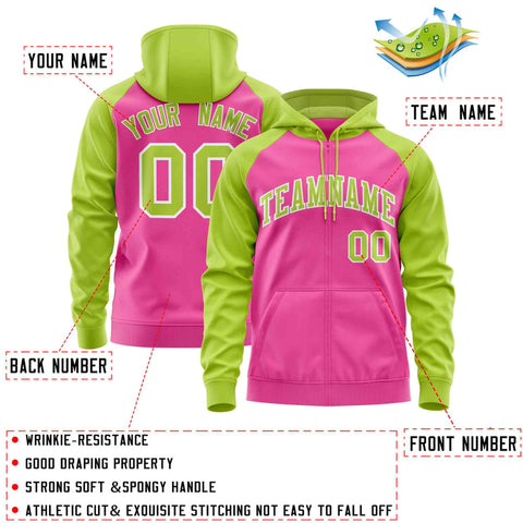 Custom Stitched Pink Neon Green Raglan Sleeves Sports Full-Zip Sweatshirt Hoodie
