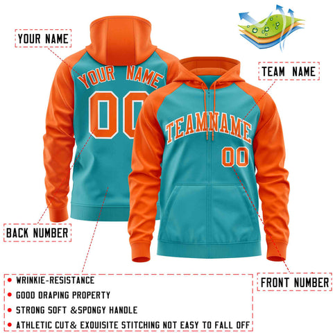 Custom Stitched Aqua Orange Raglan Sleeves Sports Full-Zip Sweatshirt Hoodie