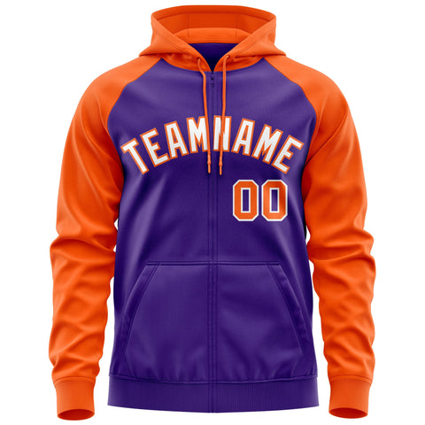 Custom Stitched Purple Orange Raglan Sleeves Sports Full-Zip Sweatshirt Hoodie
