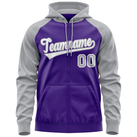 Custom Stitched Purple White-Gray Raglan Sleeves Sports Full-Zip Sweatshirt Hoodie