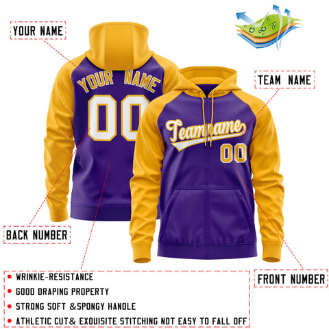 Custom Stitched Purple Gold Raglan Sleeves Sports Full-Zip Sweatshirt Hoodie
