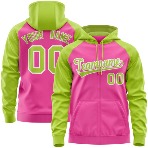 Custom Stitched Pink Neon Green Raglan Sleeves Sports Full-Zip Sweatshirt Hoodie