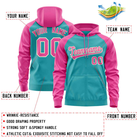 Custom Stitched Aqua Pink Raglan Sleeves Sports Full-Zip Sweatshirt Hoodie