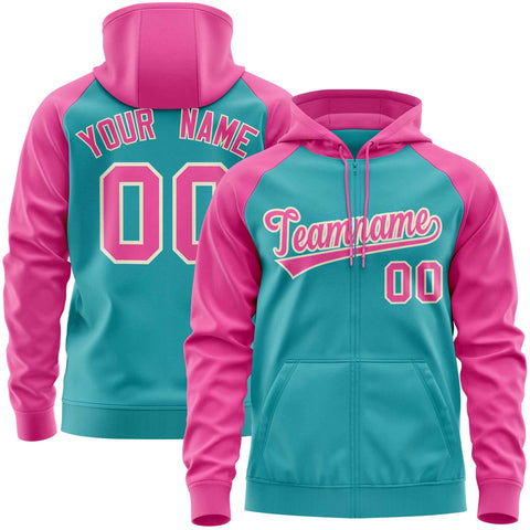 Custom Stitched Aqua Pink Raglan Sleeves Sports Full-Zip Sweatshirt Hoodie