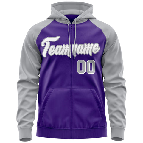 Custom Stitched Purple White-Gray Raglan Sleeves Sports Full-Zip Sweatshirt Hoodie