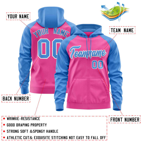 Custom Stitched Pink Powder Blue Raglan Sleeves Sports Full-Zip Sweatshirt Hoodie