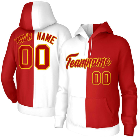 Custom White Red-Gold Split Fashion Stitched Sportwear Pullover Hoodie