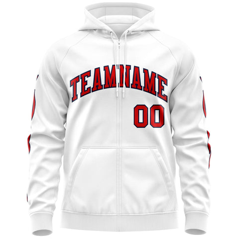 Custom Stitched White Red Sports Full-Zip Sweatshirt Hoodie with Flame
