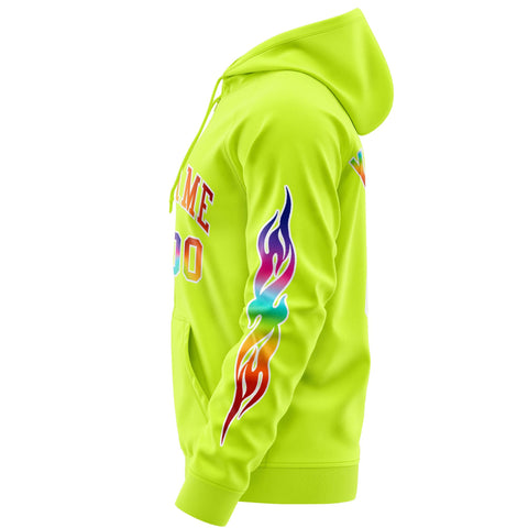 Custom Stitched Neon Green White Sports Full-Zip Sweatshirt Hoodie with Colored Flames