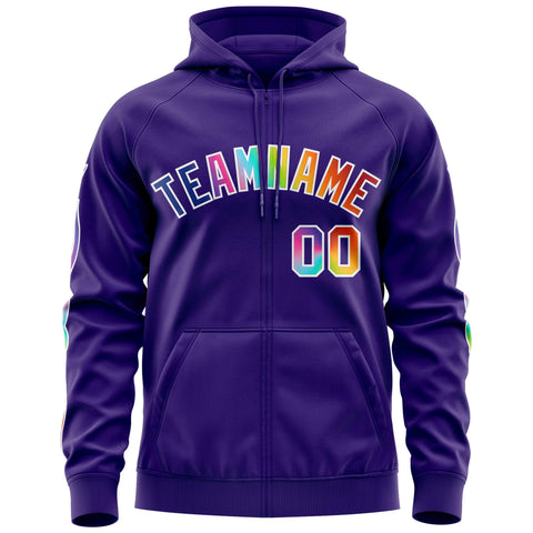 Custom Stitched Purple White Sports Full-Zip Sweatshirt Hoodie with Colored Flames