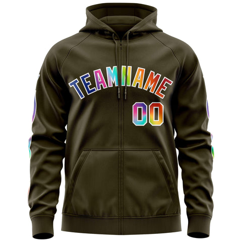 Custom Stitched Olive White Sports Full-Zip Sweatshirt Hoodie with Colored Flames