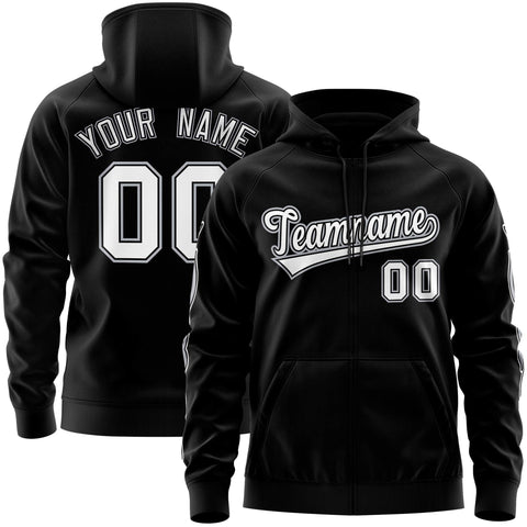 Custom Stitched Black White Sports Full-Zip Sweatshirt Hoodie with Flame