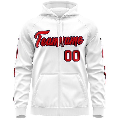 Custom Stitched White Red Sports Full-Zip Sweatshirt Hoodie with Flame