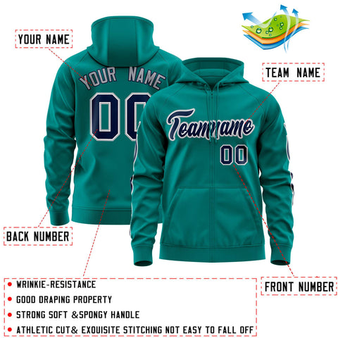 Custom Stitched Aqua Navy Sports Full-Zip Sweatshirt Hoodie with Flame