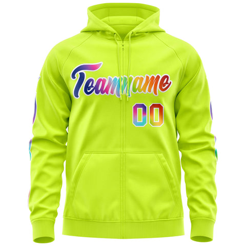 Custom Stitched Neon Green White Sports Full-Zip Sweatshirt Hoodie with Colored Flames