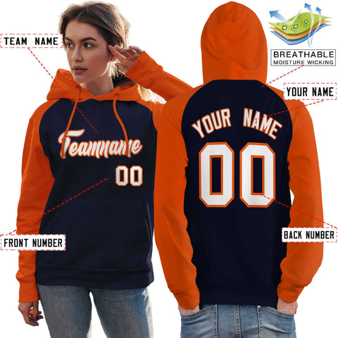 Custom Stitched Navy Orange-White Raglan Sleeves Sports Pullover Sweatshirt Hoodie For Women