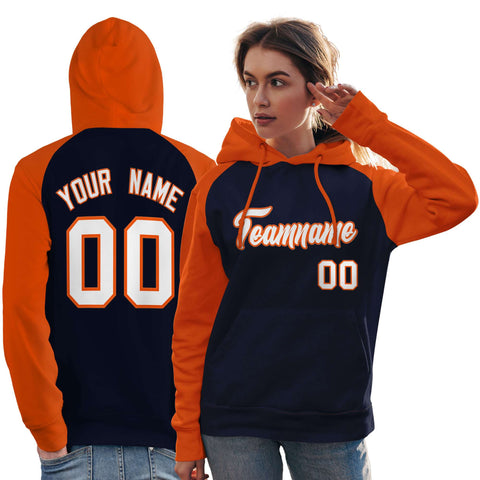 Custom Stitched Navy Orange-White Raglan Sleeves Sports Pullover Sweatshirt Hoodie For Women