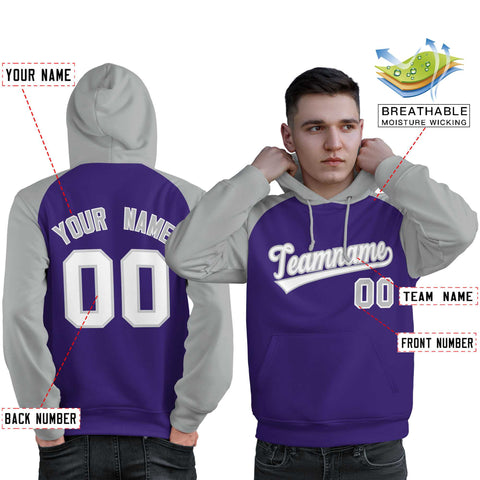 Custom Stitched Purple Gray-White Raglan Sleeves Sports Pullover Sweatshirt Hoodie For Men