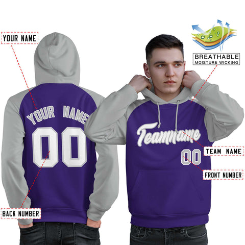 Custom Stitched Purple Gray-White Raglan Sleeves Sports Pullover Sweatshirt Hoodie For Men