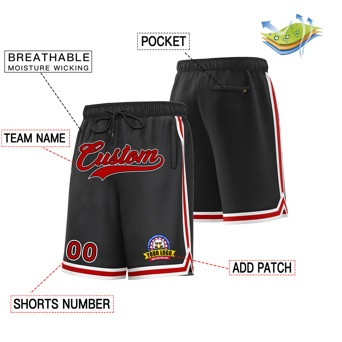 Custom Black Red Basketball Shorts